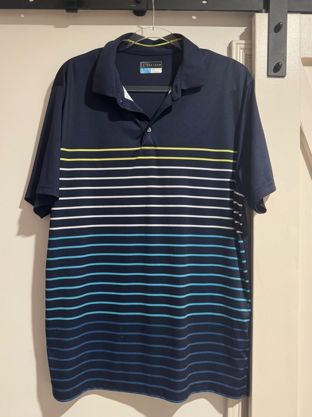 PGA Tour Navy Polo with Lime, White and Teal Stripes